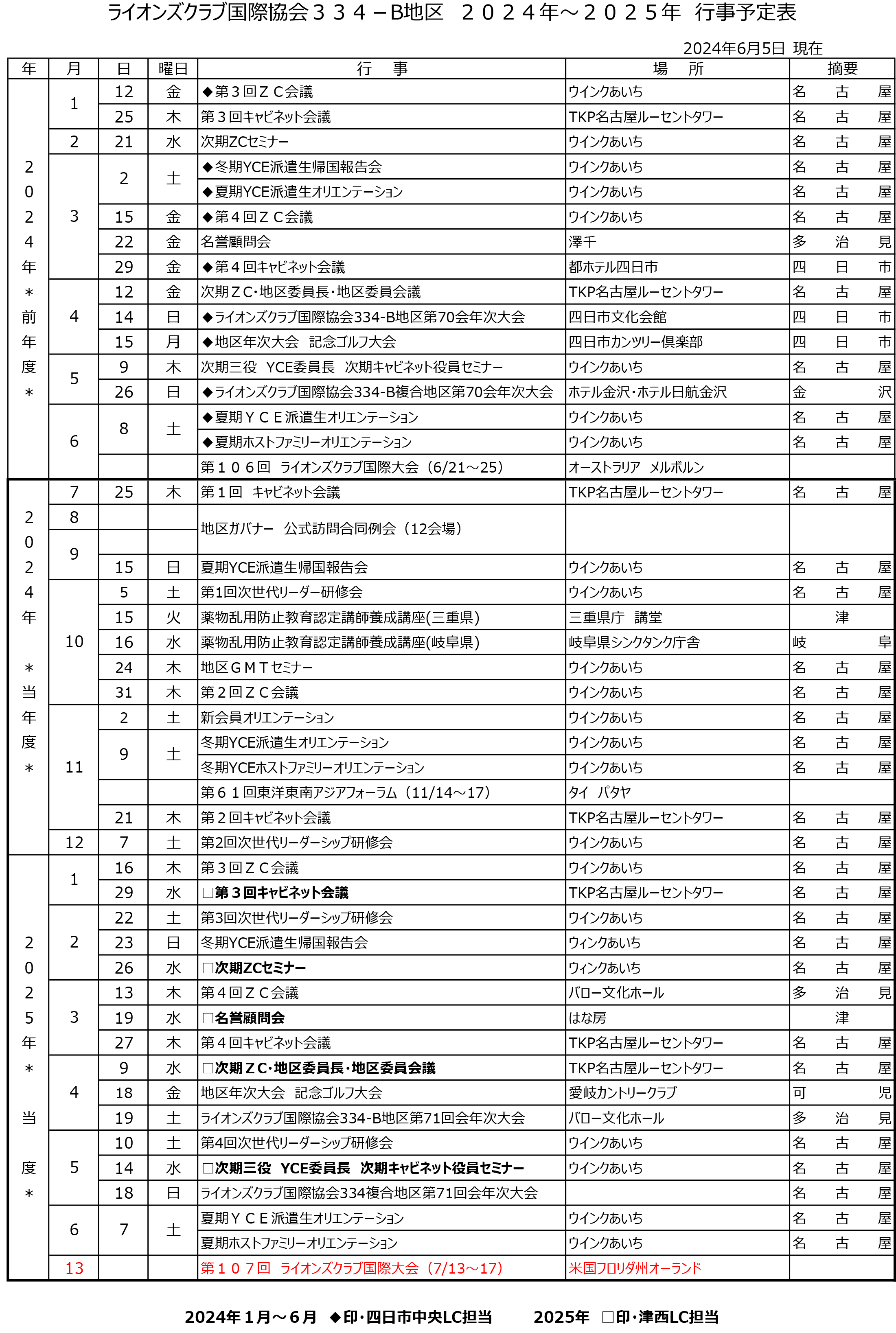 2024-2025年度キャビネット予定表